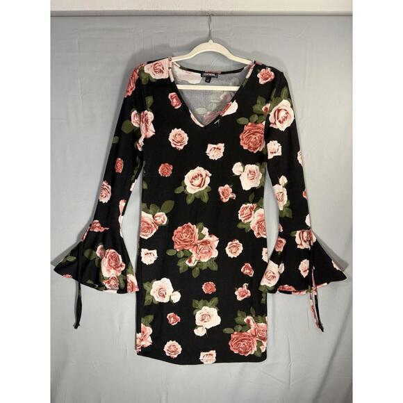 Black Floral Mini Dress Bell Sleeves sz L Juniors Pink Roses Romantic Retro - Picture 8 of 10